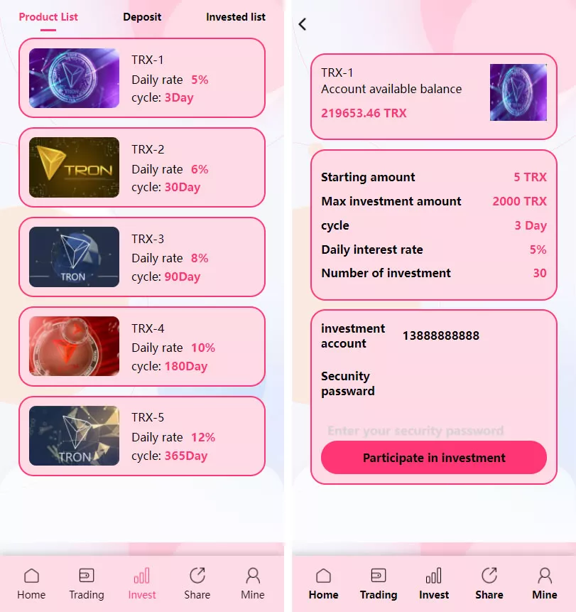 图片[1]-【TRX粉色UI多语言】理财系统源码-快达源码网-kdymw.com专注分享各类网站源码